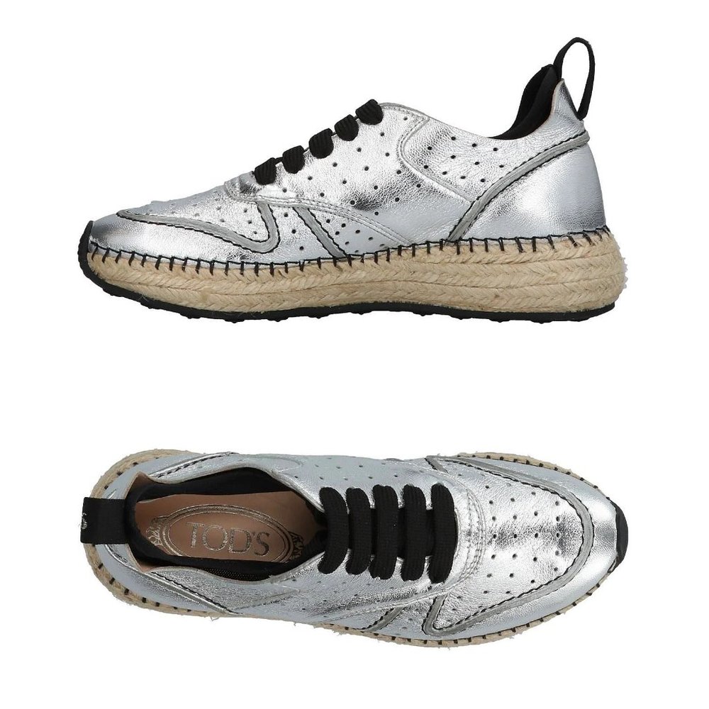 $800 TOD'S WOMAN SNEAKER SOFT LEATHER METALLIC SILVER ESPADRILLE LACE 37 (D10)